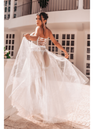 Ensemble 4 pièces blanc, bustier, string et 2 jarretières - MAL8933WHT